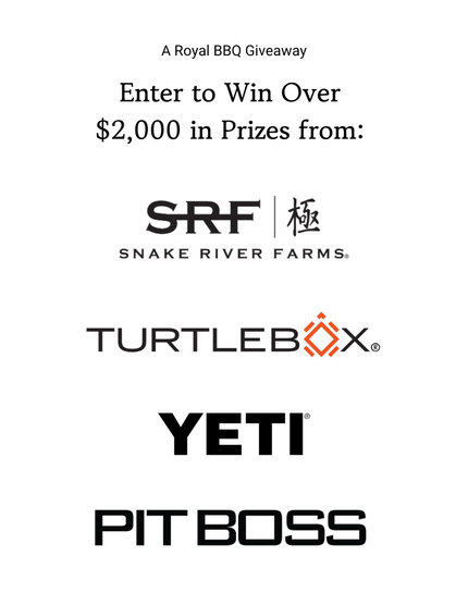 Promotional graphic for a Royal BBQ Giveaway with logos of SRF, TurtleBox, YETI, and Pit Boss on a white background.