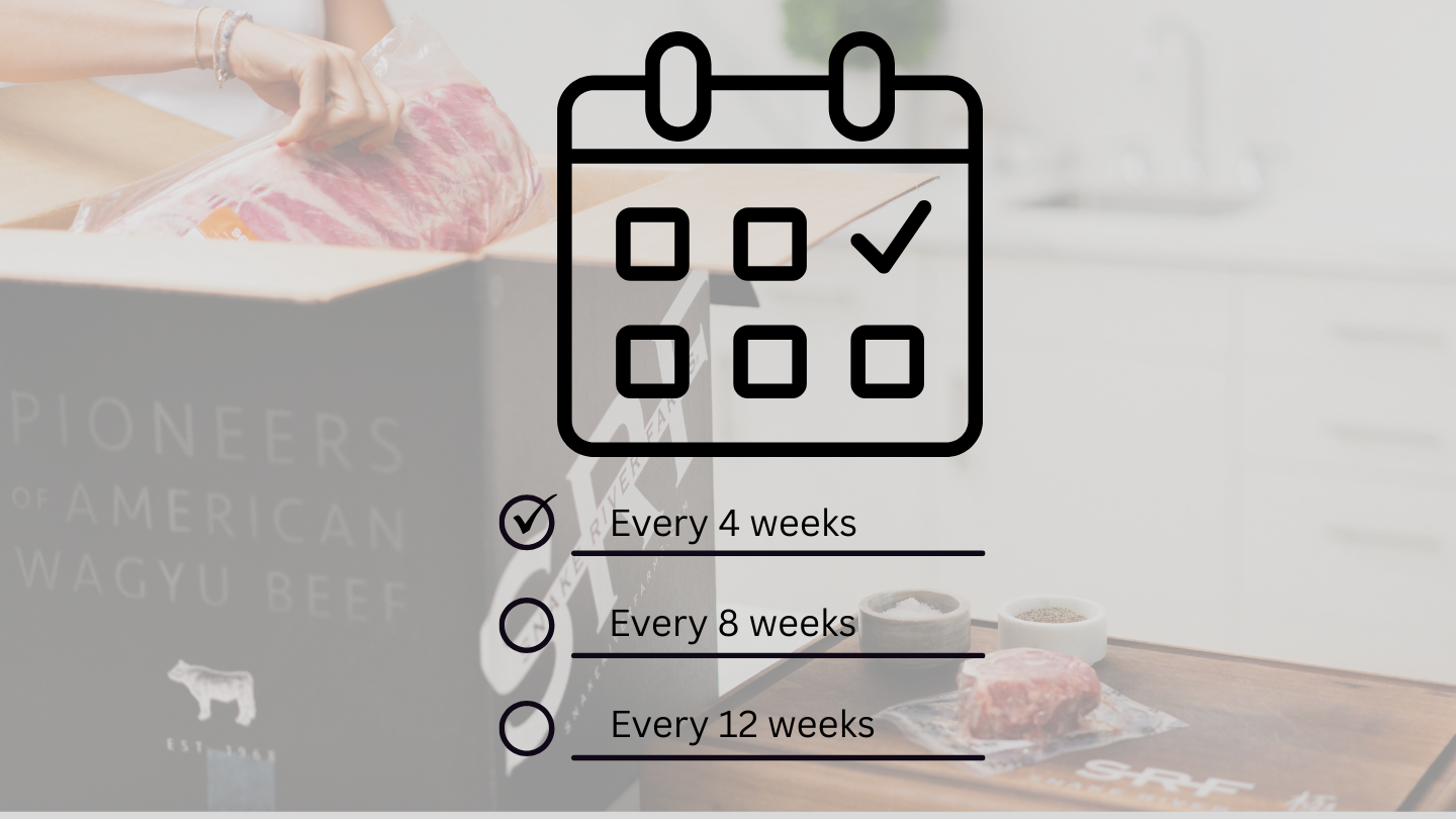 Calendar icon with checkboxes and text indicating frequency of events, with a blurred background of food preparation.