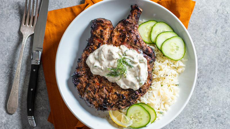 Spicy Harissa Pork Chops with Tzatziki