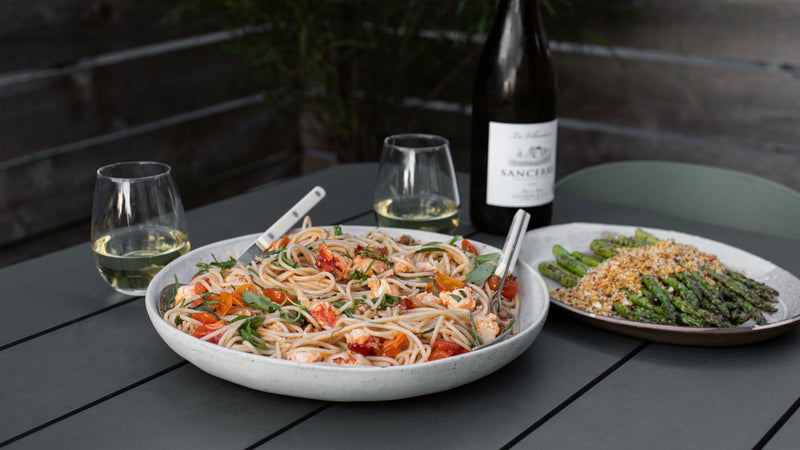 Grilled Lobster Tail Pasta with Crispy Grilled Asparagus