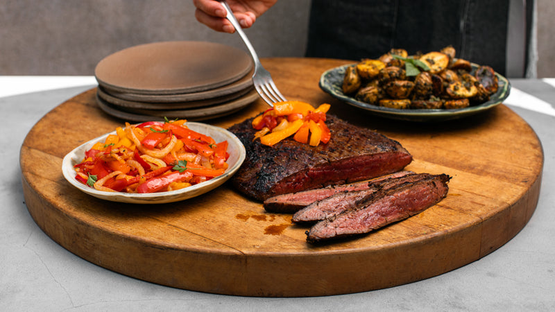 Grilled Flank Steak Peperonata with Pesto Potatoes