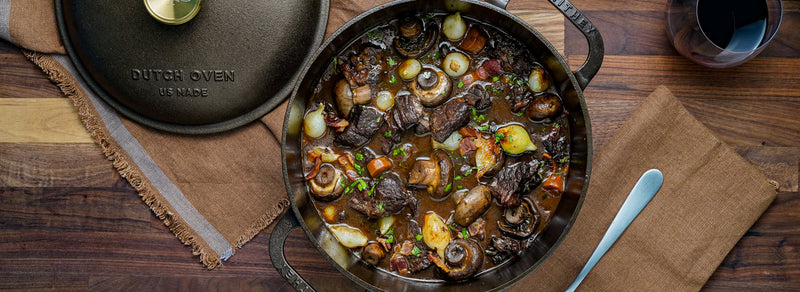 Beef Bourguignon in cast iron Dutch oven 