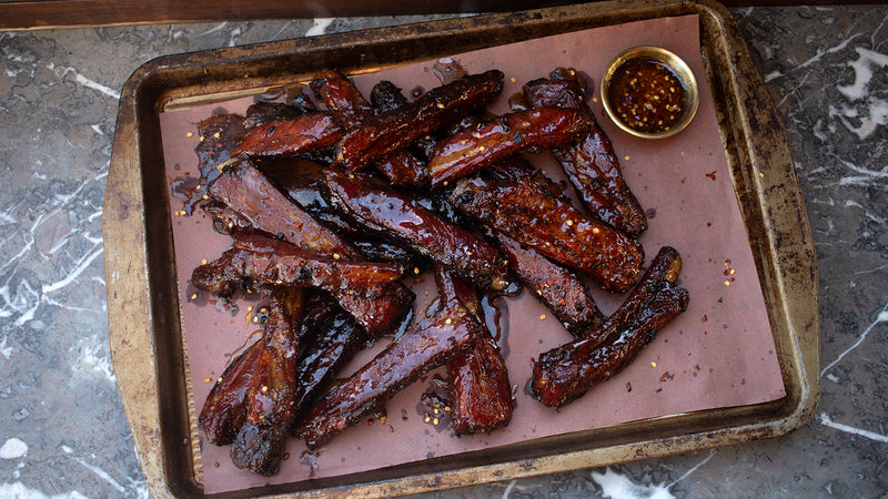 Hot Honey Party Ribs on pan