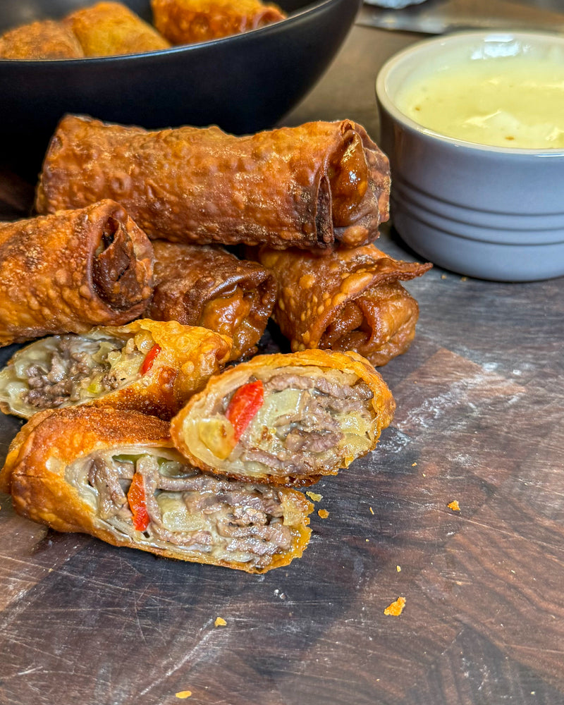 Cheesesteak Egg Rolls with Sauce 