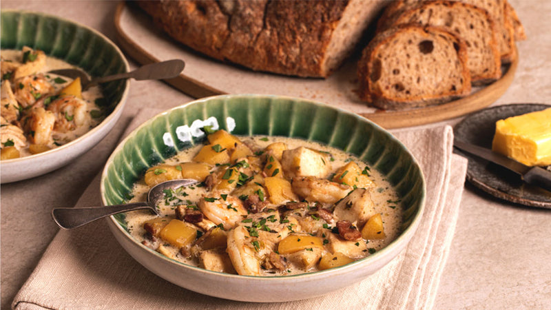 Fish Chowder with SRF Seafood in a bowl