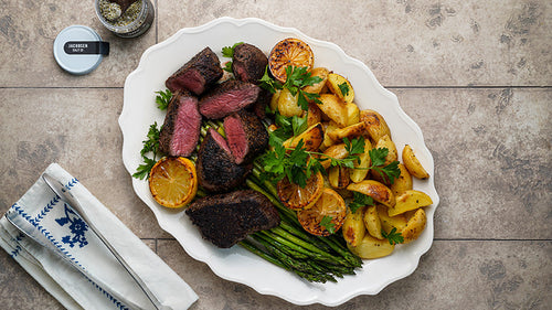 Sage & Rosemary Salt Crusted Top Sirloin & Lemon Roasted Potatoes and Asparagus