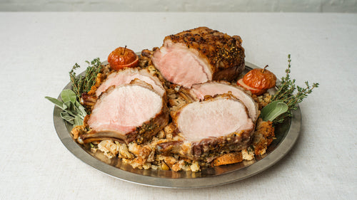Roasted Rack of Pork with Chestnut Apple Stuffing & Brown Butter Sage Sauce
