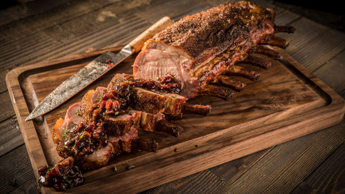 Apple Brined Rack of Pork with Spicy Peanut Brown Butter Vinaigrette