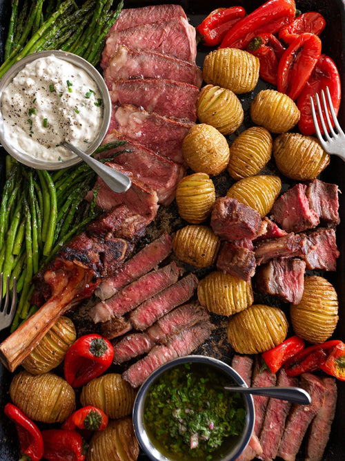 Steak Grazing Board with Mini Hasselback Potatoes, Chimichurri & Gorgonzola Cheese Sauce