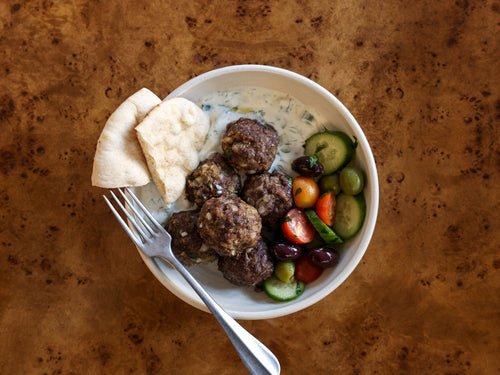 Greek Meatballs with Tzatziki & Tomato Cucumber Salad