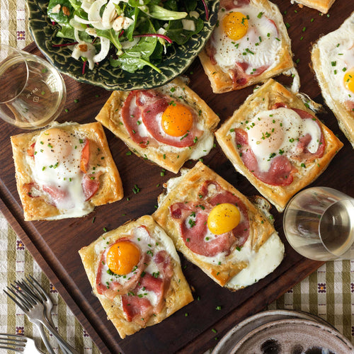 Kurobuta Canadian Bacon Croque Madame Puff Pastry with Spring Salad