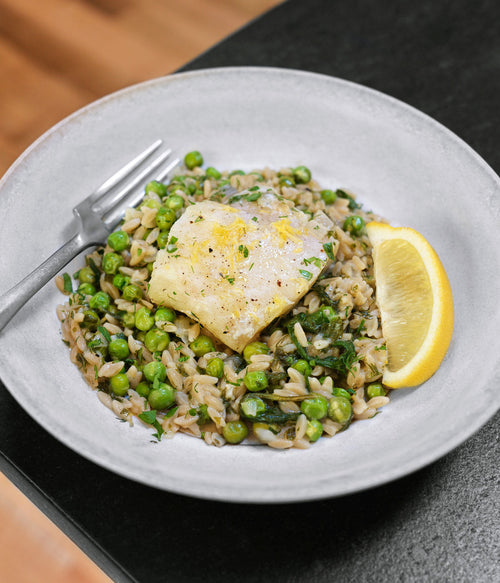 Wild-Caught Cod with Orzo & Peas