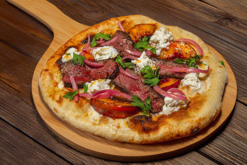 Grilled Bavette Flatbread with Peaches & Burrata