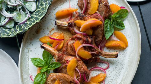 Grilled SRF Kurobuta Pork Chops with Quick Pickled Peaches