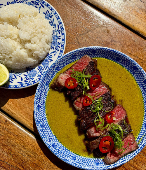 Grilled New York Steak with Green Curry Sauce