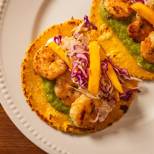 Easy Shrimp Tacos with Mango Slaw and Salsa Verde