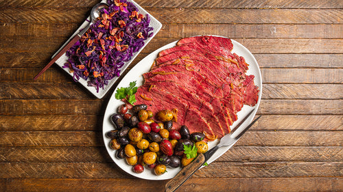 Corned Beef with Fire Roasted Potatoes and Sautéed Red Cabbage