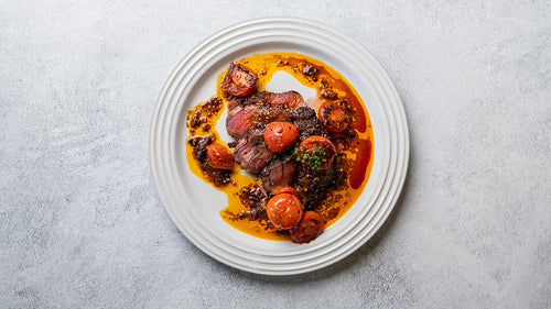 Filet Mignon with Blistered Tomato & Chili Garlic Crisp