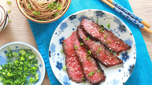 Miso Marinated Flat Iron Steak with Soba Noodles