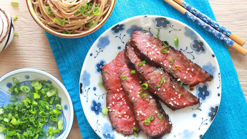 Miso Marinated Flat Iron Steak with Soba Noodles