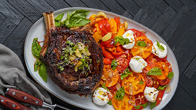 Grilled Cowboy Steak and Heirloom Tomato & Burrata Salad