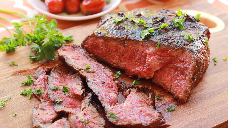 Grilled Marinated Flat Iron Steak with Creamy Polenta and Roasted Tomatoes