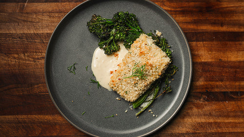 Herby Panko-Crusted Halibut with Garlic Truffle Cream Sauce