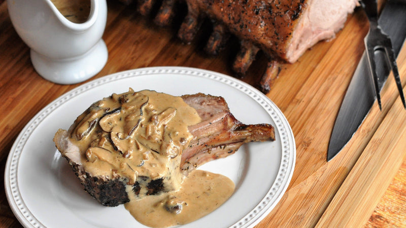 Reverse-Seared Rack of Pork with Creamy Wild Mushroom Brandy Sauce