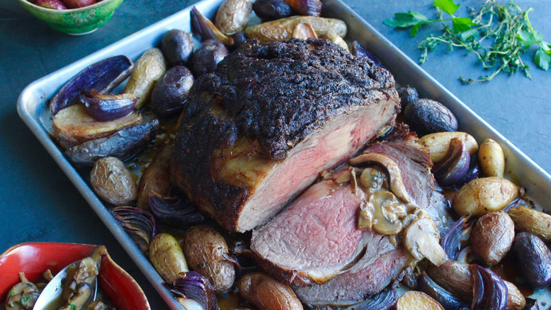 Porcini Dusted Prime Rib with Mushroom-Shallot Reduction