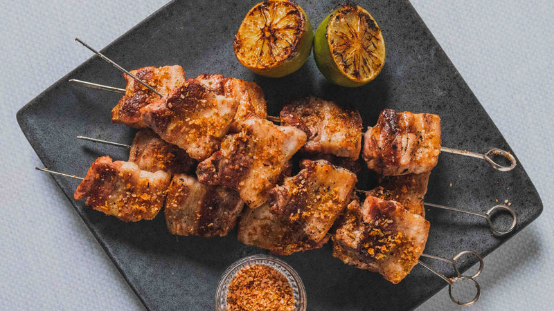 Grilled Pork Belly Skewers with Chili Lime Salt