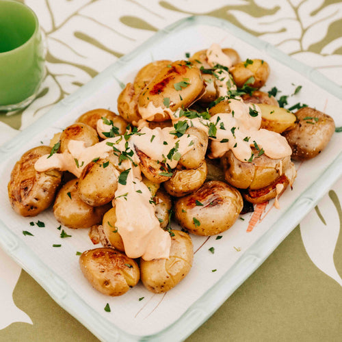 Smashed Tallow Taters with Spicy Aioli