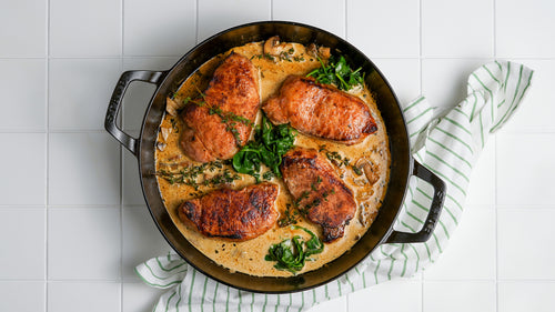 Pork Chops with Mustard Cream Sauce, Mushrooms and Sauteed Spinach