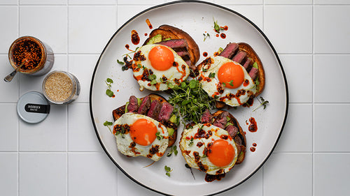Steak and Egg Avocado Toast with Chili Crisp