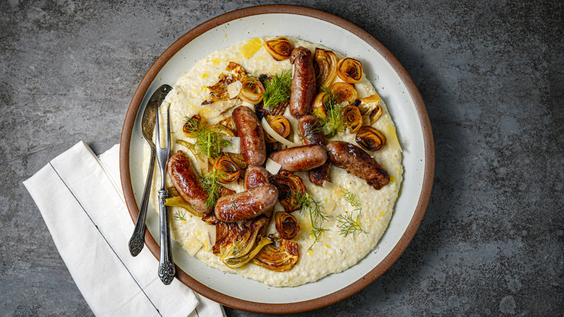 Sausage with Roasted Fennel and White Corn Polenta