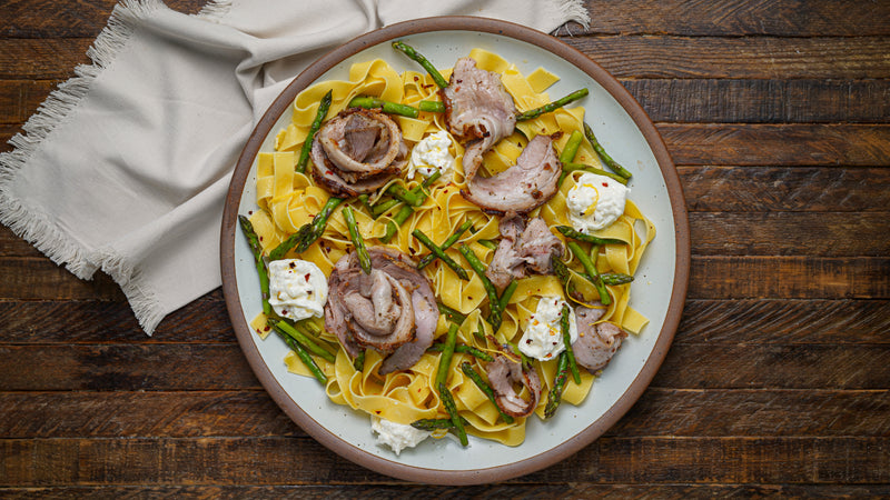 Leftover Porchetta Pasta with Burrata and Asparagus