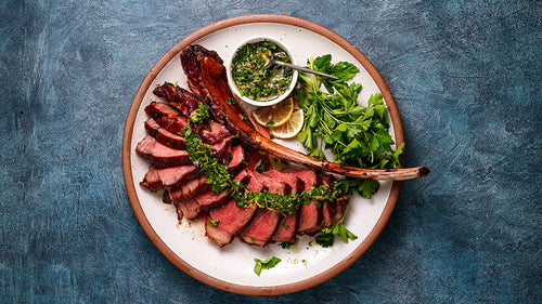Reverse Seared Tomahawk with Lemon Basil Salsa Verde