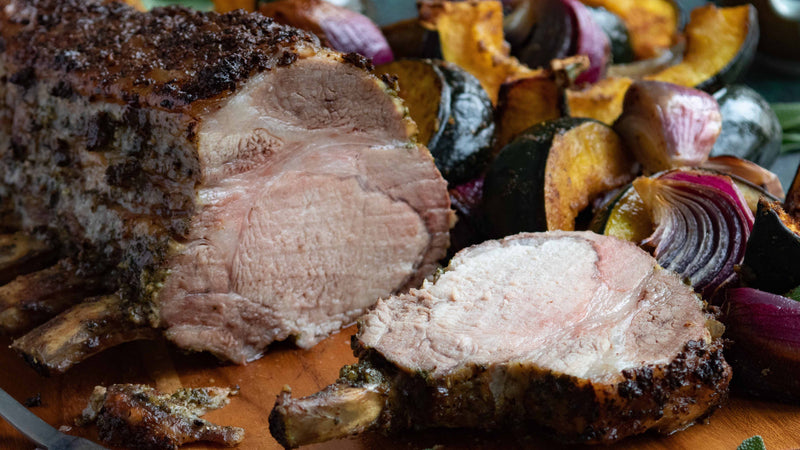 Sage and Thyme Rack of Pork with Squash, Onions and Balsamic-Apple Syrup