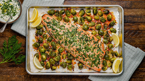 Sheet Pan Garlic and Herb Crusted Salmon with Parmesan Brussels Sprouts
