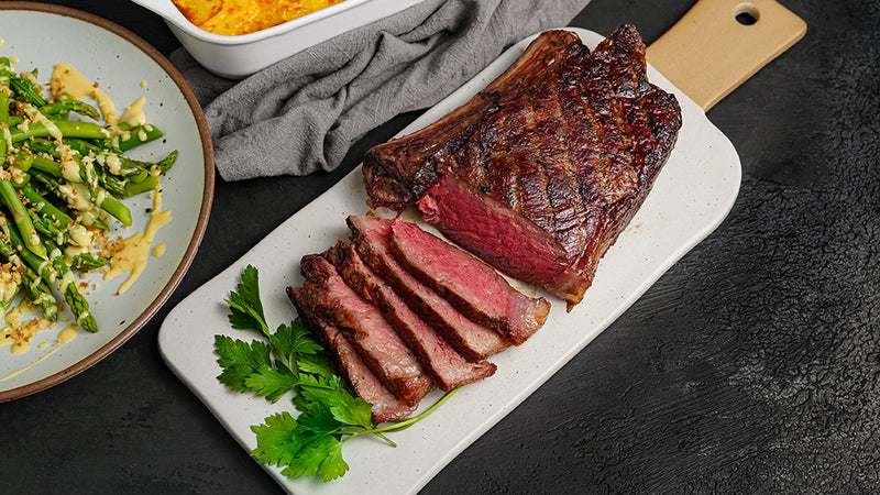 Steakhouse Delmonico with Potatoes Gratin and Asparagus