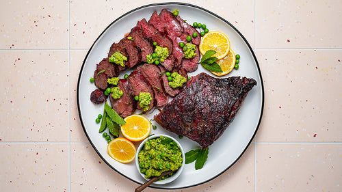 Smoked Tri-Tip with Mint and Meyer Lemon Smashed Peas