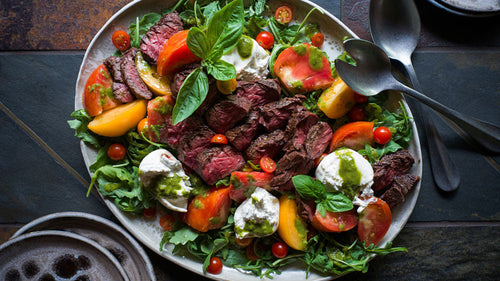 Grilled Hanger Steak Summer Tomato Salad with Basil Vinaigrette