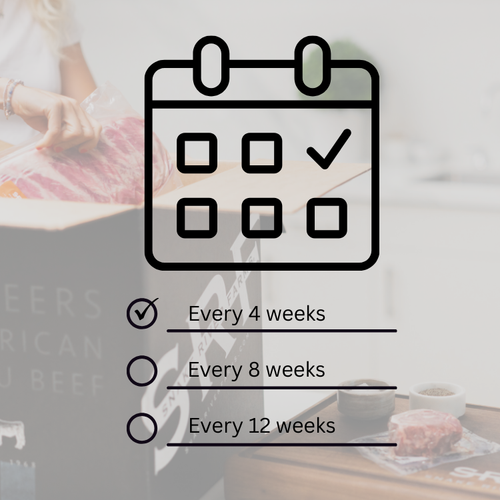 Calendar icon with checkboxes and text indicating frequency of events, with a blurred background of food preparation.