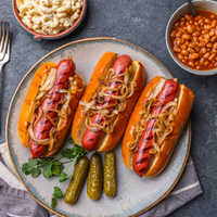 Three hot dogs with onions on buns on a plate with pickles and sides of macaroni and cheese and beans.