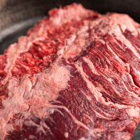 Close-up of raw center cut bavette with visible marbling