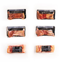 Six packages of SRF bacon on a white background