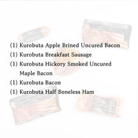 Packaged meats including Kurobuta Apple Brined Uncured Bacon, Kurobuta Breakfast Sausage, Kurobuta Hickory Smoked Uncured Maple Bacon, Kurobuta Bacon, and Kurobuta Half Boneless Ham on a white background.