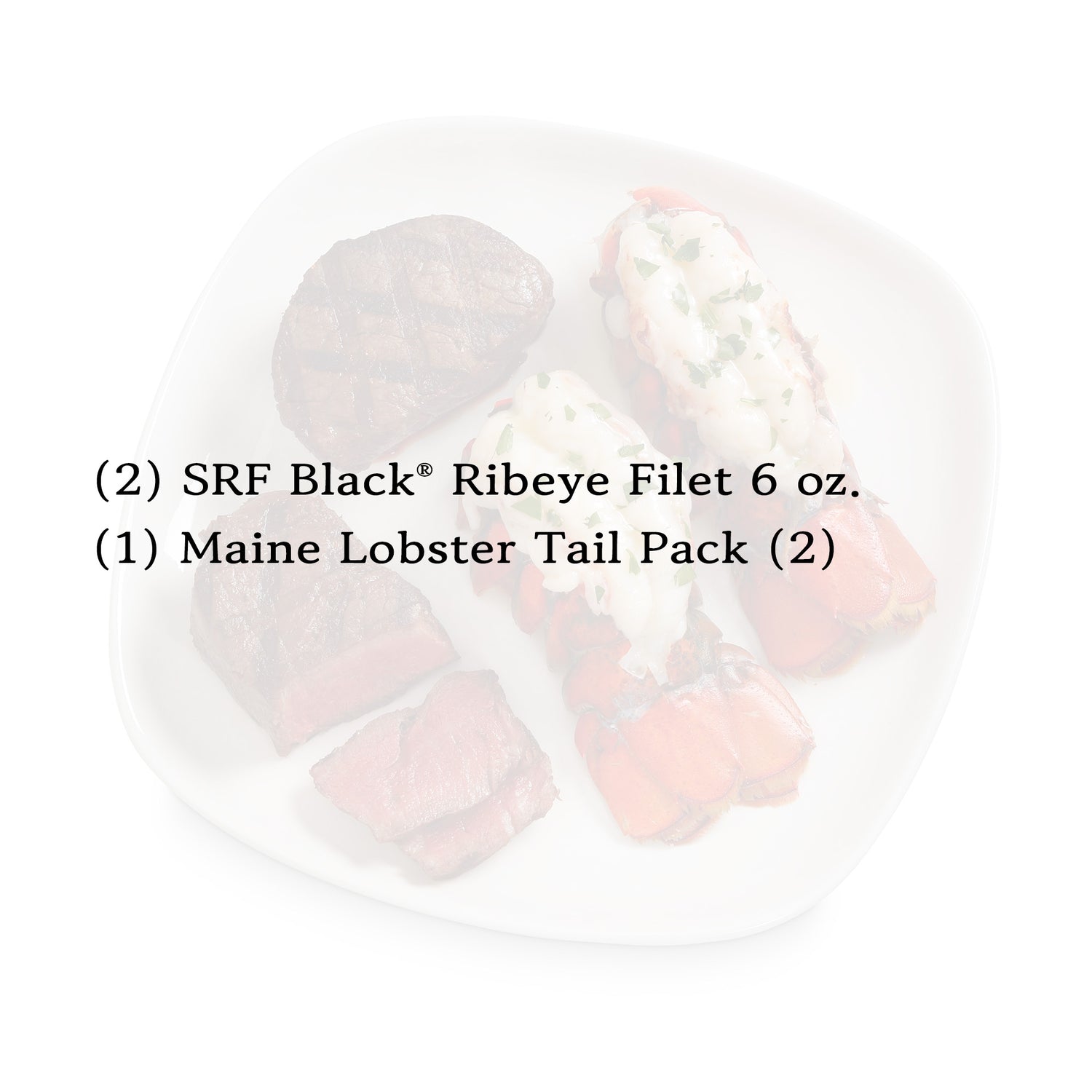 black text of the package list overlayed on an image of lobster and steaks