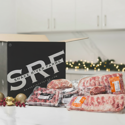 open SRF box on the counter with products  and holiday decor 