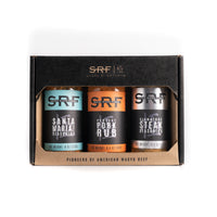 Three seasoning bottles in a box with SRF branding on a white background