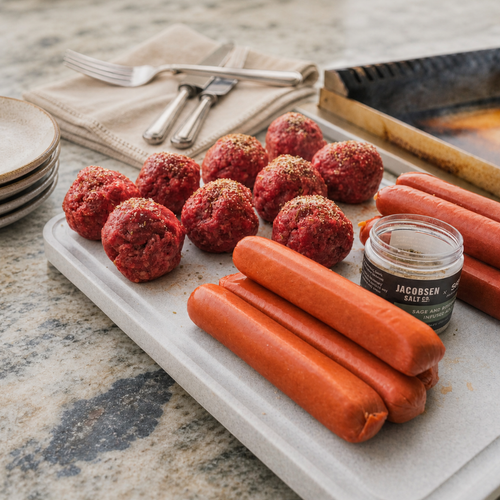 hot dogs and meatballs with Jacobsen Salt next to the grill 